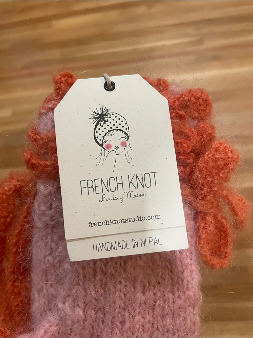 NEW French Knot Handknit Pink & Orange Mohair Handwarmer Gloves with Bow Detail